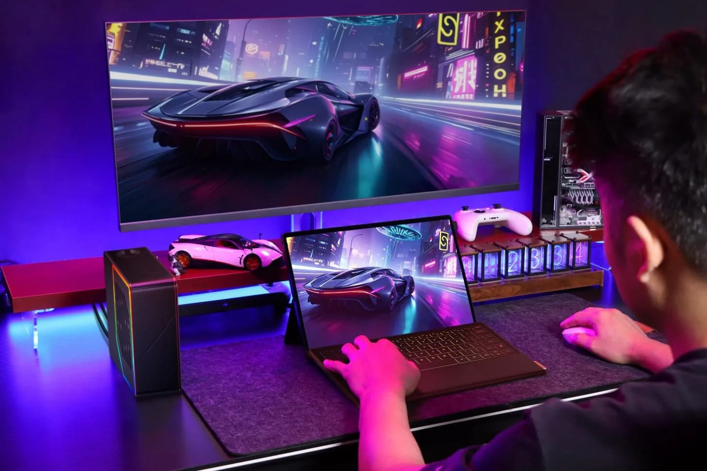 Front and angled view of the OneXPlayer Super X Pro 2-in-1 PC showing its kickstand and AMOLED display.