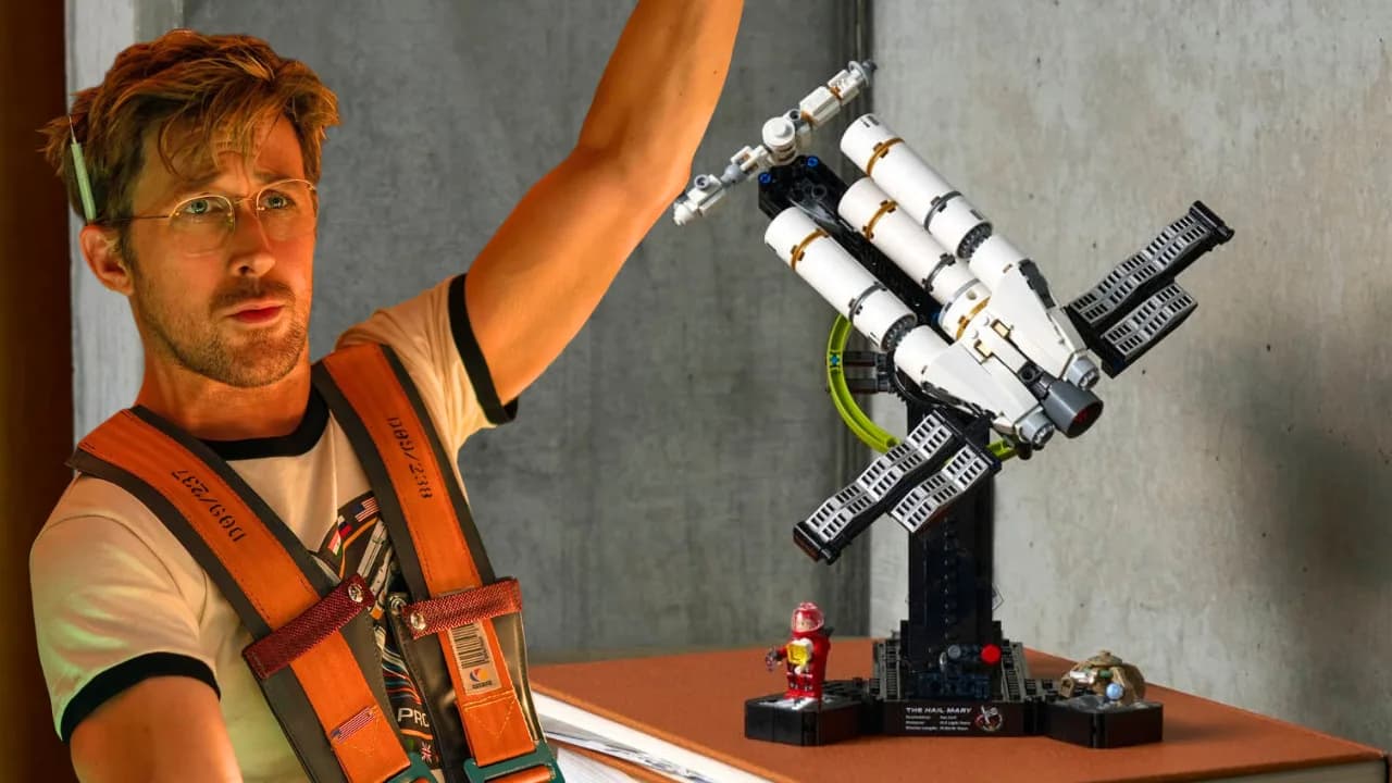 LEGO Icons Project Hail Mary set assembled on display stand, showing extended centrifuge