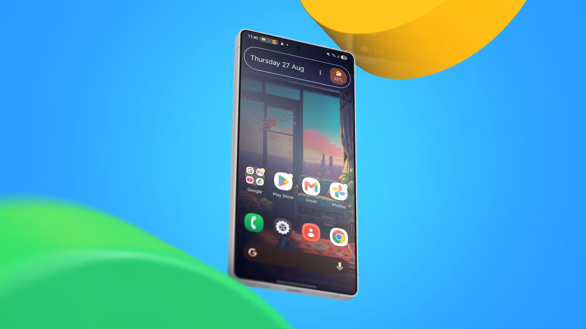 Android smartphone home screen showing customized Lawnchair launcher icons and widgets