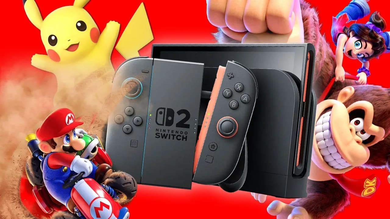 Nintendo Switch 2 console and Joy-Con controllers displayed alongside game cases