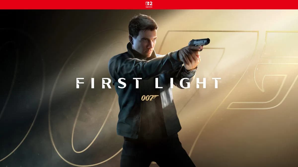 James Bond wearing an evening tuxedo standing with a silenced pistol against a dark background