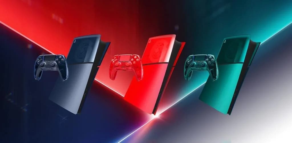 Transparent DualSense wireless controllers in orange, green and gray from Sony's Prism Collection alongside matching PS5 console covers