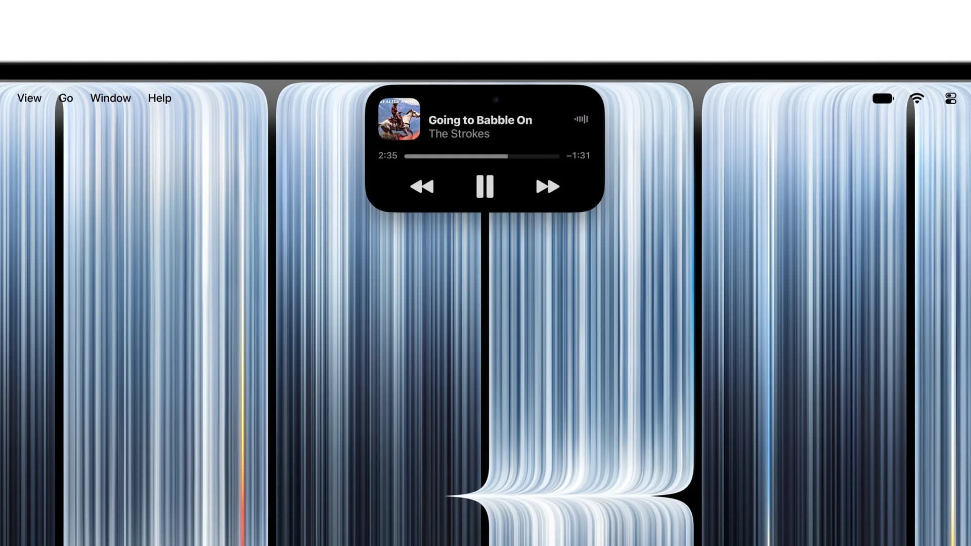 A MacBook Pro screen showing a pill-shaped Dynamic Island interface at the top of the display with a music control widget expanded.