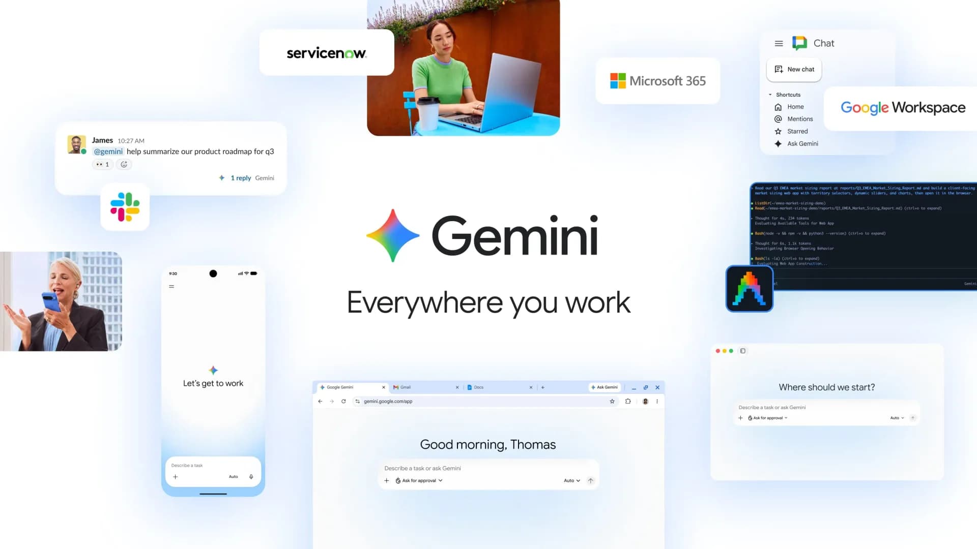 A minimalist UI mockup showing @Gemini invoked in a Gmail thread with layered workflow indicators