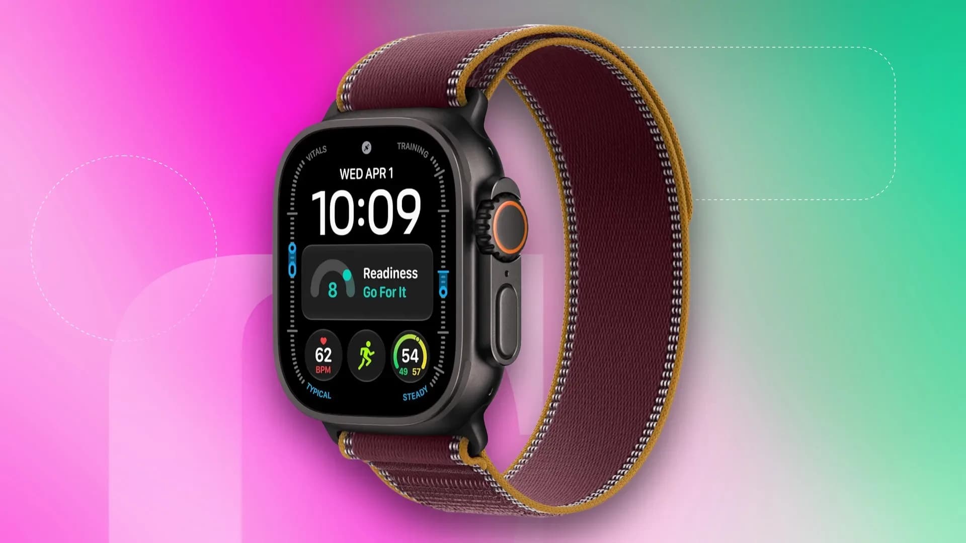 Apple Watch Ultra 4 in black titanium with a burgundy trail loop displayed on a plain background