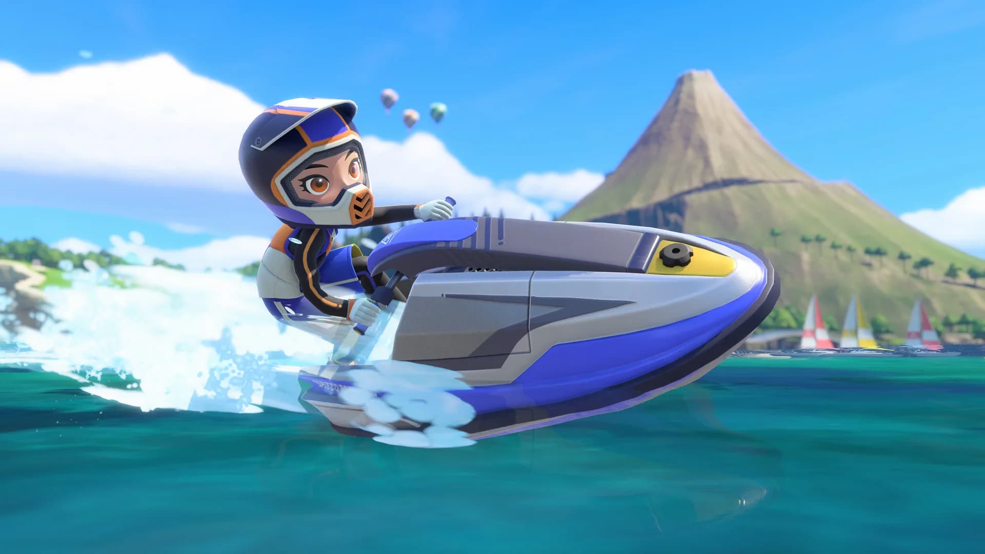 Promotional artwork for Nintendo Switch Sports Resort showing characters playing various motion-controlled sports on Wuhu Island.