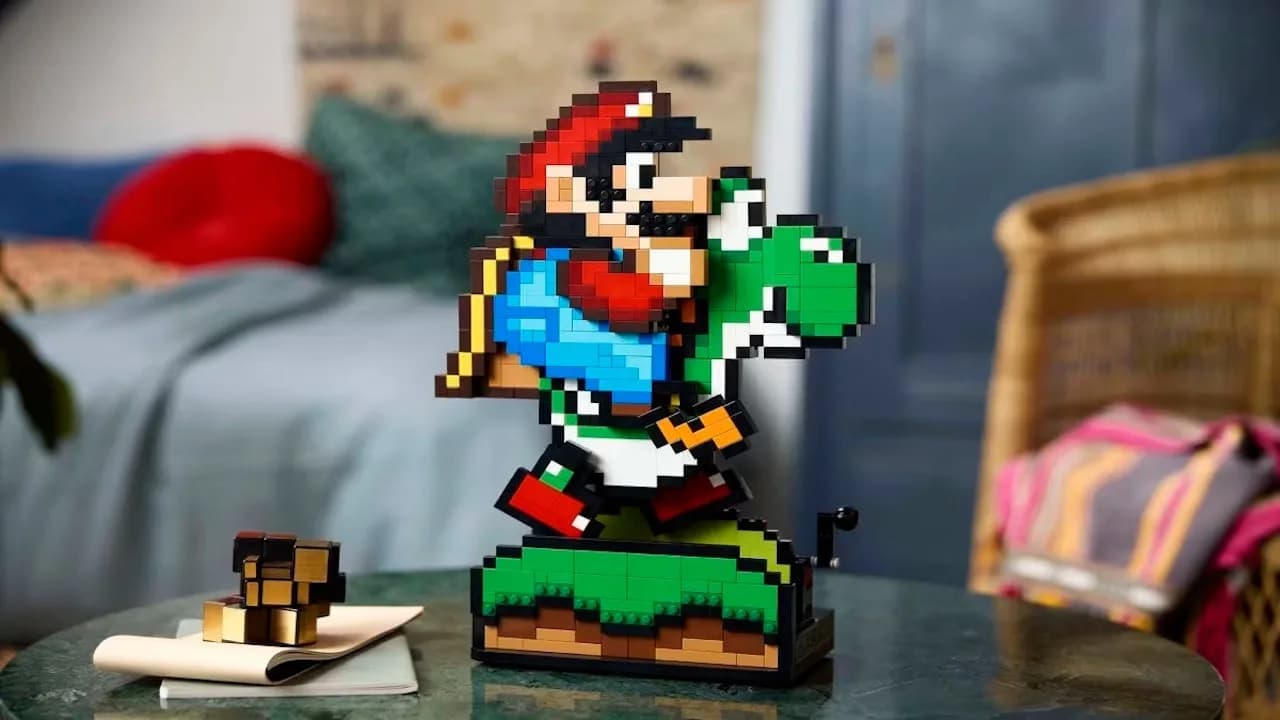 LEGO Super Mario World: Mario & Yoshi 71438 set displayed upright on a shelf, showing Yoshi running with Mario on his back and the tongue mechanism extended