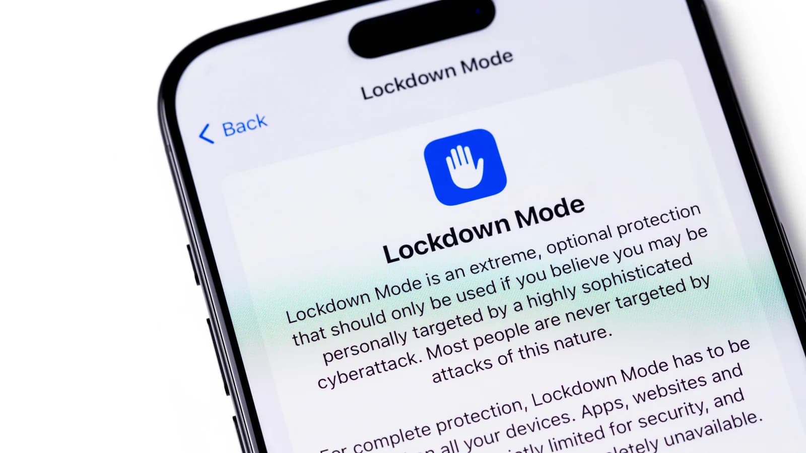 iPhone Settings screen showing the Lockdown Mode toggle under Privacy and Security