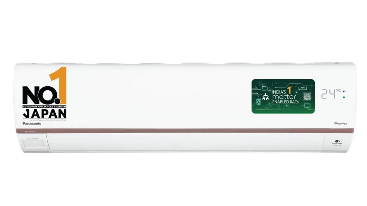 Air conditioning unit and home audio soundbar displayed on retail sale stands