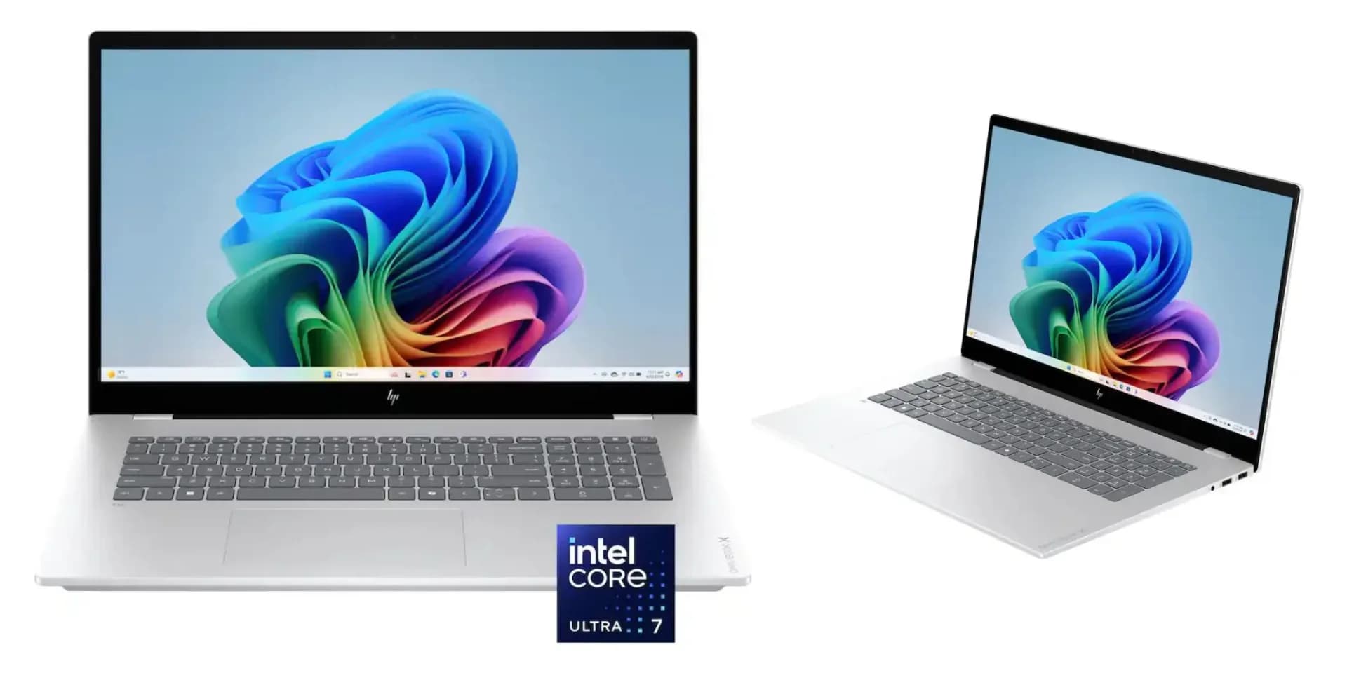 HP OmniBook X laptop open on a table showing its full-size keyboard and wide display.