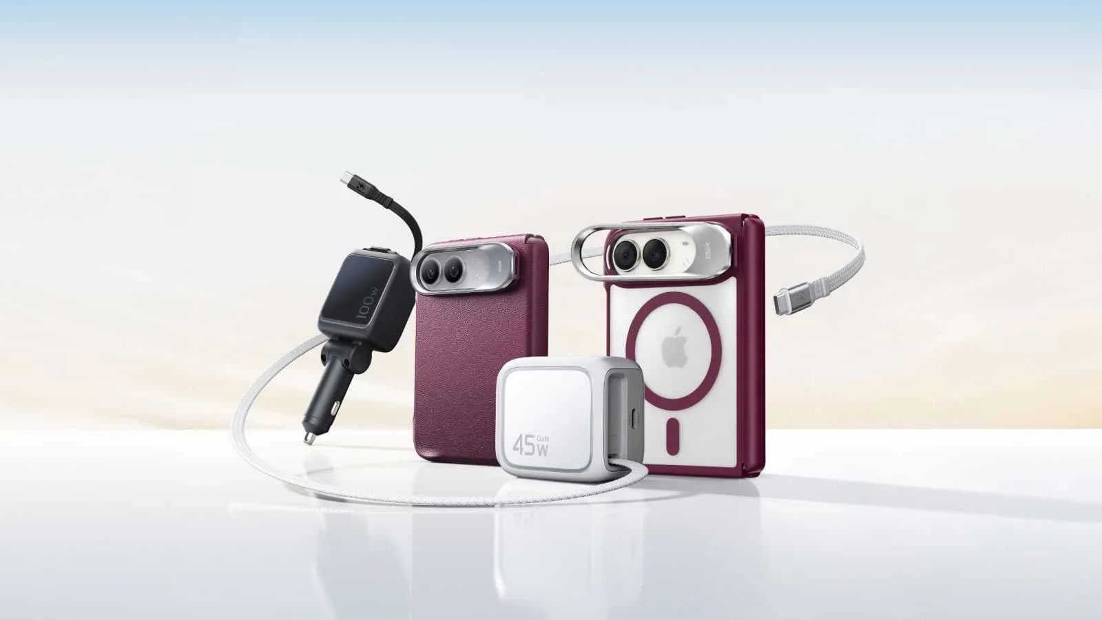ESR magnetic case with a folding kickstand attached to a foldable iPhone Duo, shown next to a retractable charging cable.