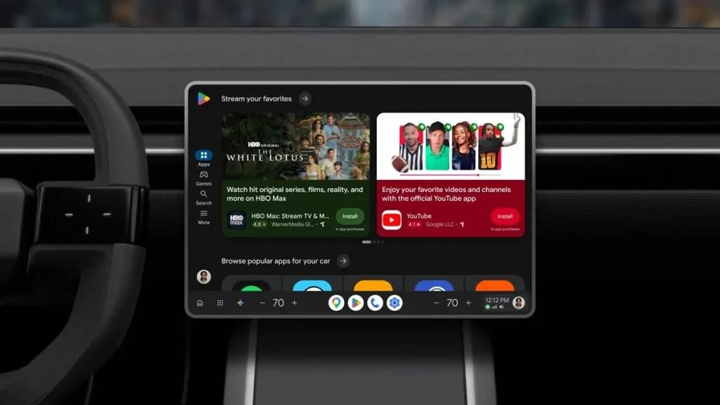 Center dashboard display in a vehicle showing the redesigned Google Play interface and app options.