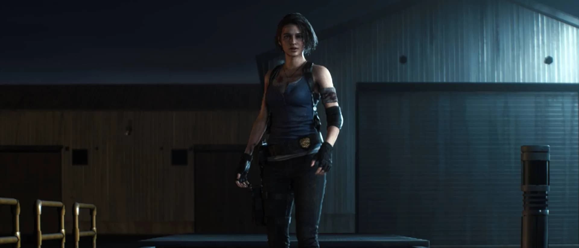 Key art for the Resident Evil 3 remake showing Jill Valentine facing the Nemesis creature on a Nintendo Switch 2 screen