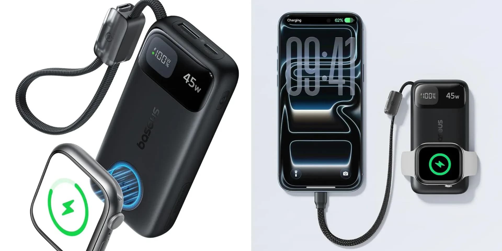 Baseus 10000mAh power bank with integrated Apple Watch charger and attached USB-C cable on a table