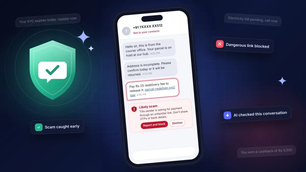 Google Messages app interface showing a conversation with a scam warning label on a smartphone screen