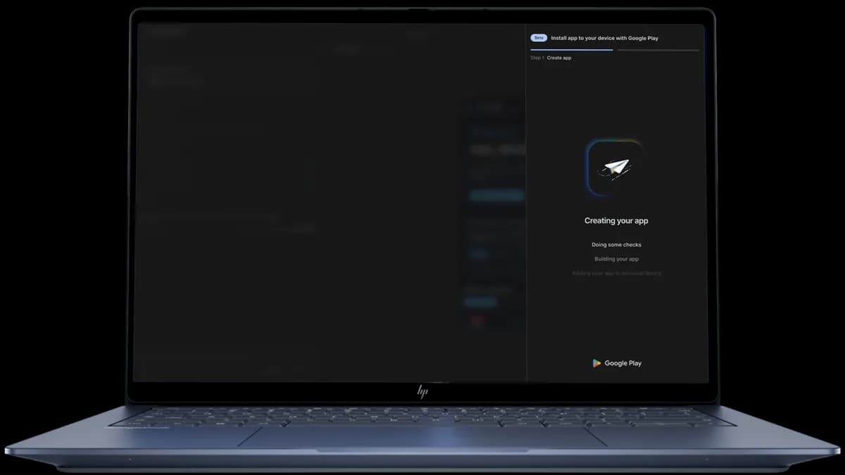 A smartphone running Android displaying the Google Play Store interface next to code on a laptop screen.