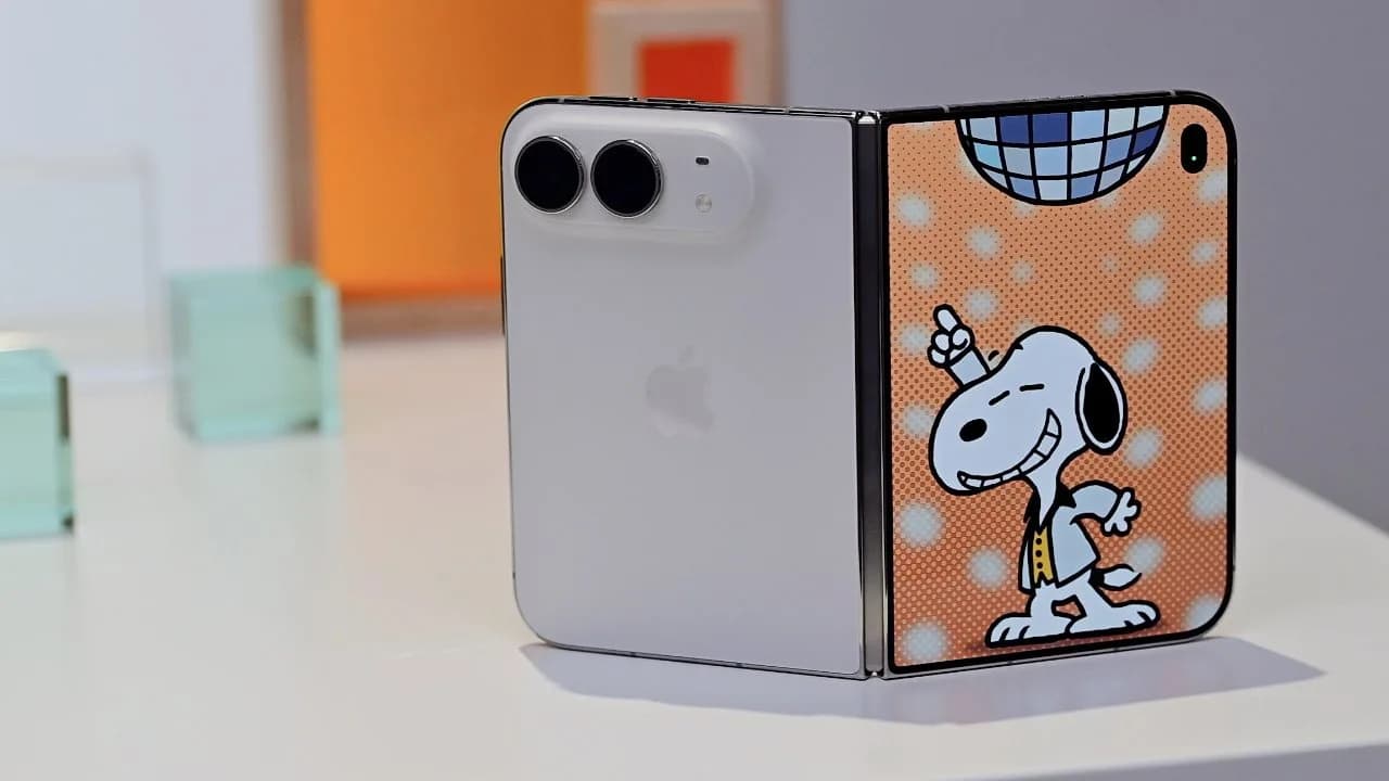 Apple iPhone Duo foldable phone shown partially open with its outer display visible