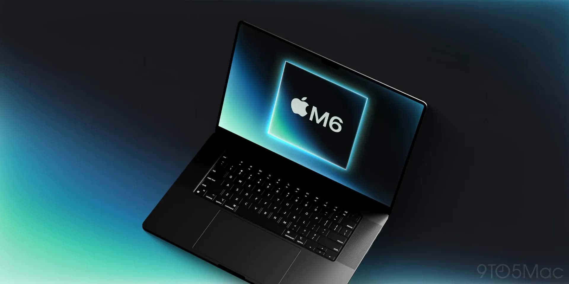 The 14-inch MacBook Pro with M6 chip shown open in Space Black, displaying macOS on its Mini-LED screen.