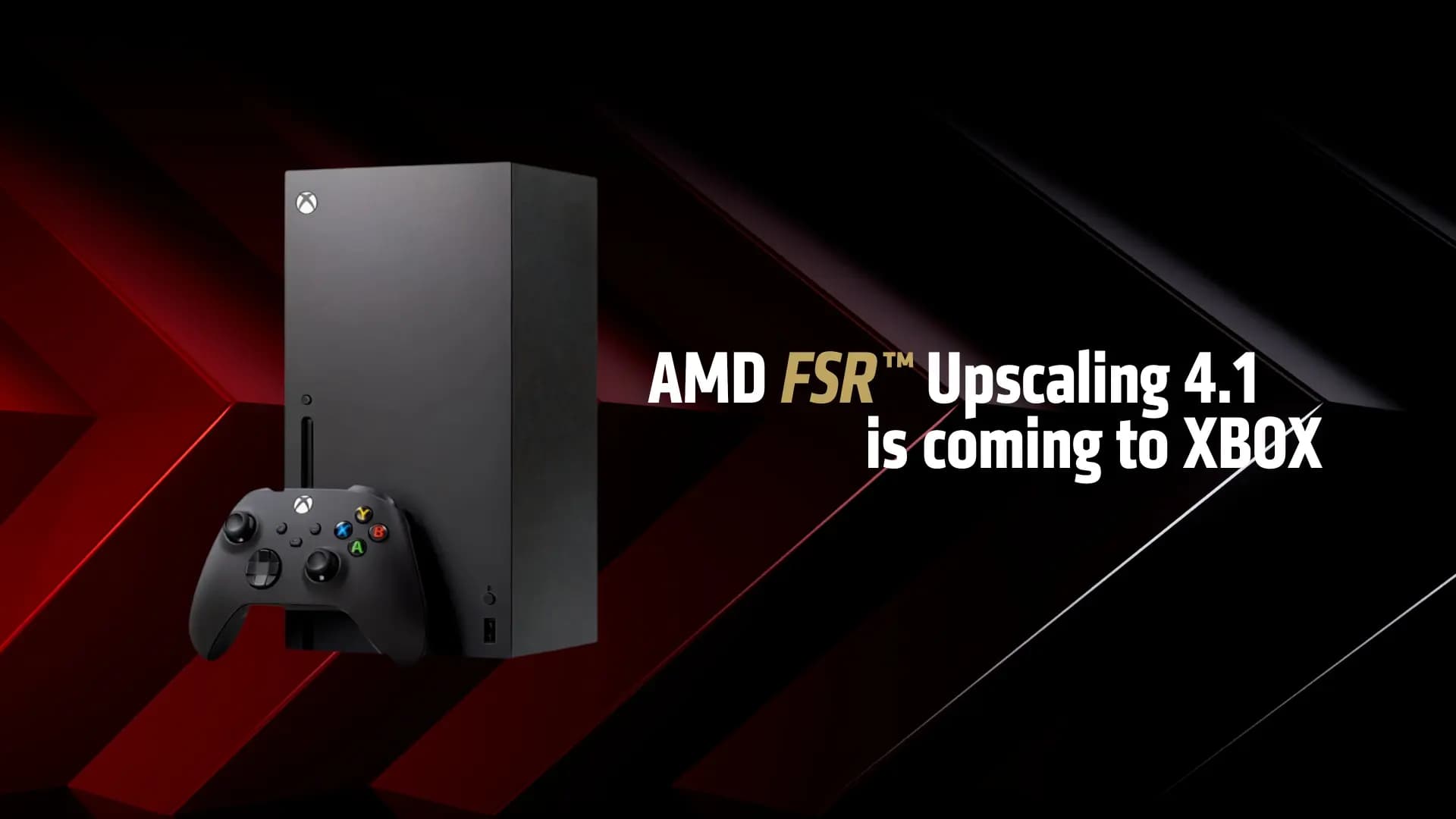 AMD FSR 4.1 logo overlaid on a split image: left side shows an Xbox Series X, right side shows a PlayStation 5