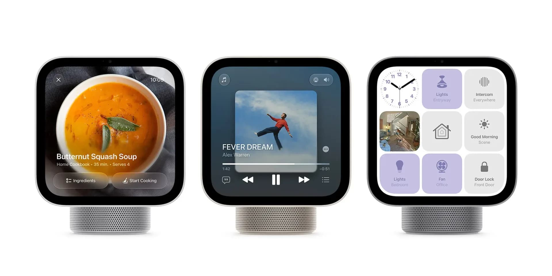Apple HomeView smart display on a tabletop stand next to a wall-mounted variant