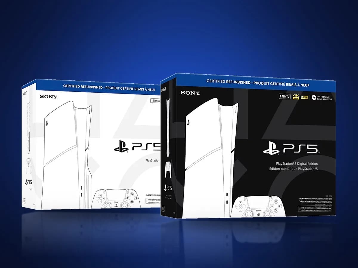 A PlayStation 5 console next to two DualSense controllers on a plain background.
