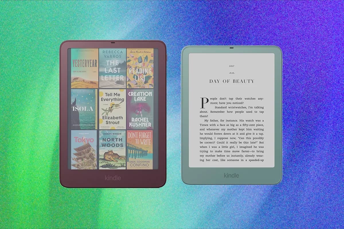 The 2026 Kindle Paperwhite and Kindle Colorsoft e-readers shown side by side on a table