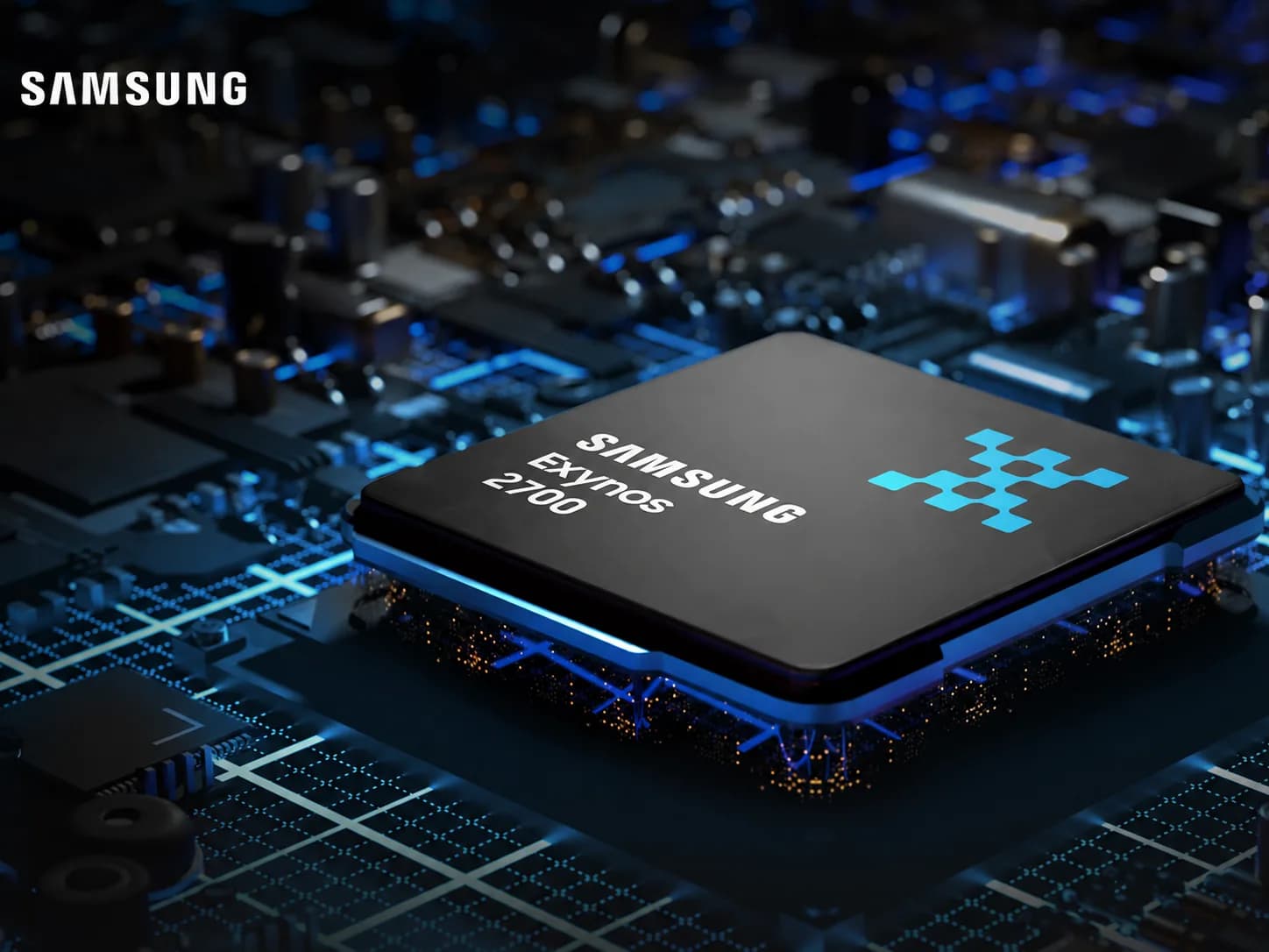 Illustration of a Samsung Exynos processor chip alongside a Qualcomm Snapdragon chip for comparison