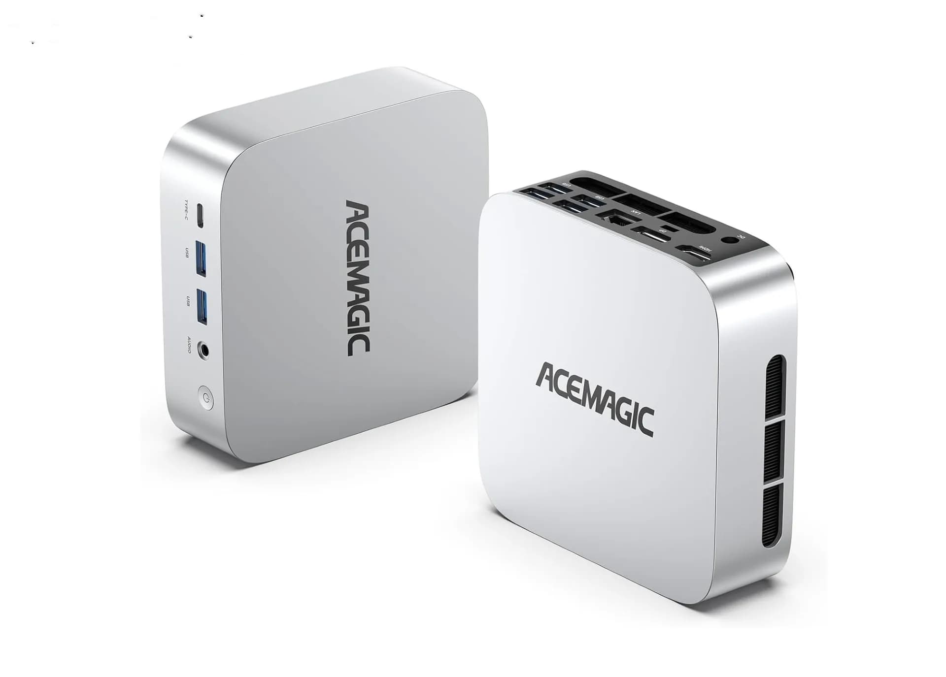 AceMagic K1 mini PC shown beside a smartphone for scale, matte black chassis with ventilation grilles and multiple ports visible.