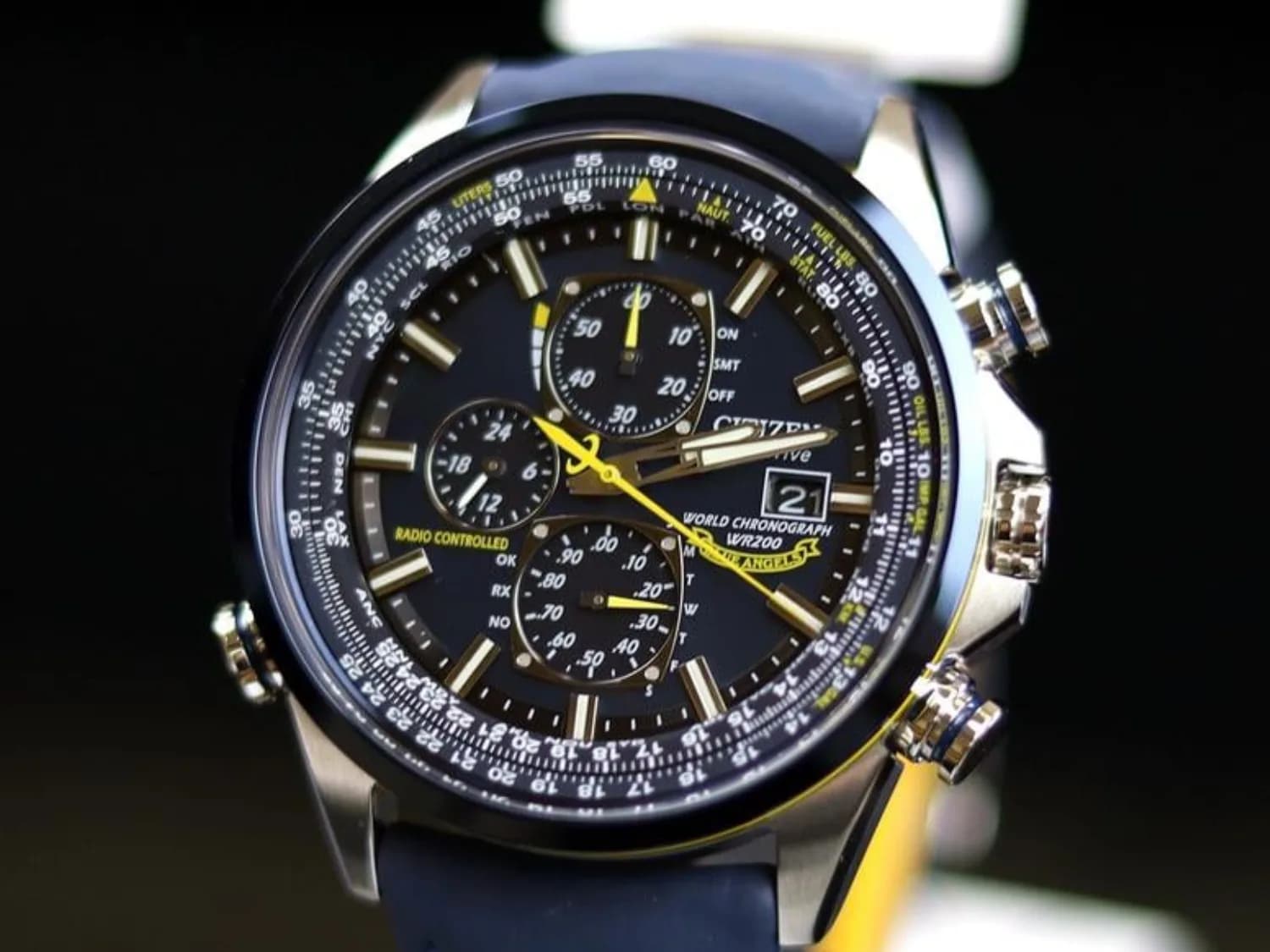 Citizen Blue Angels World Chronograph A-T wristwatch with blue dial and yellow accents