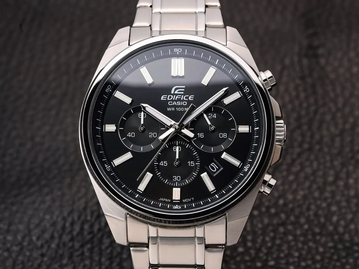 Casio Edifice EFV-650D stainless steel chronograph watch displayed on a plain background