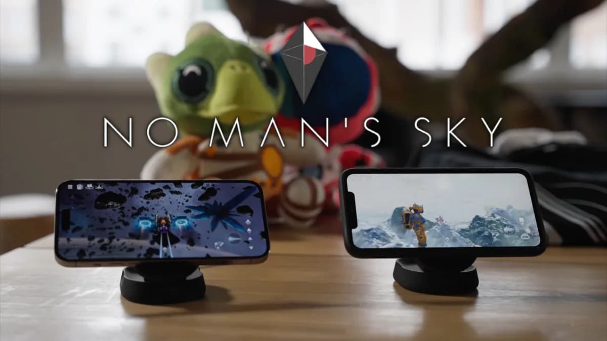 No Man's Sky on iPad showing planetary surface, ship landing, UI overlay