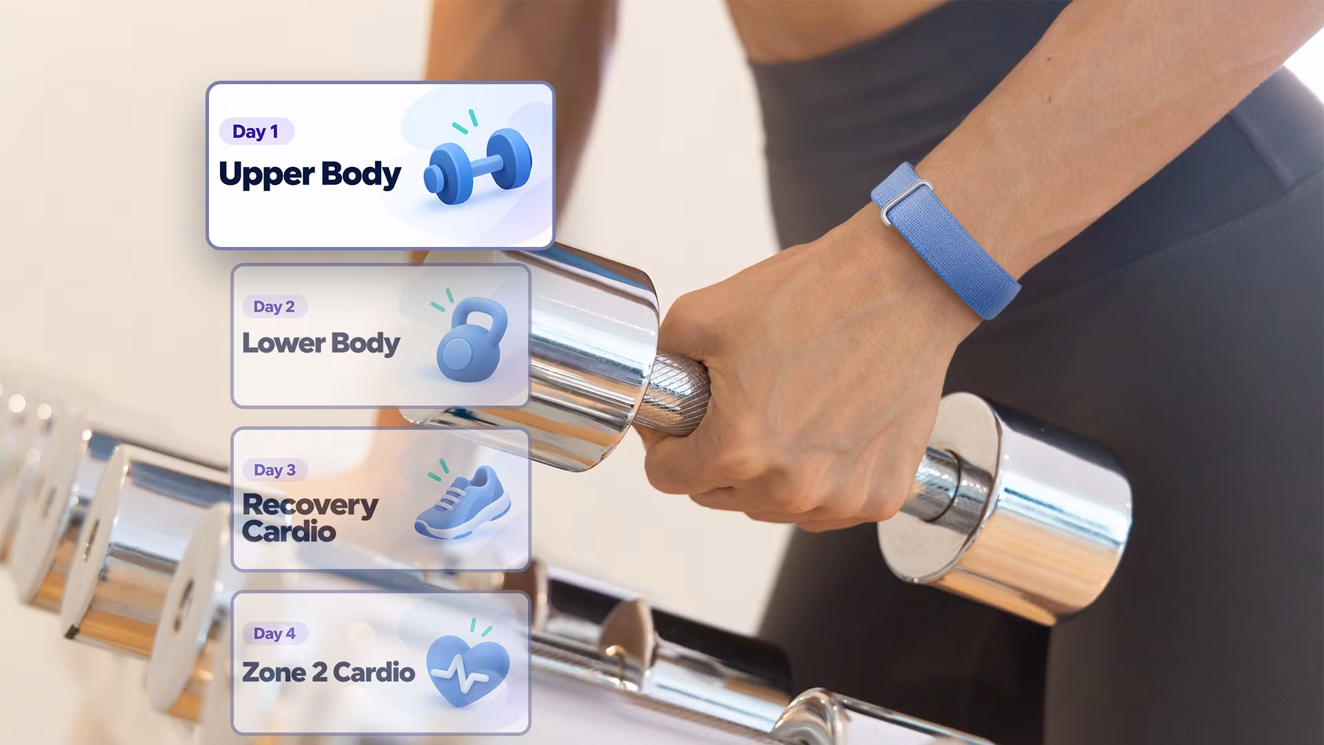 A Fitbit Air tracker on a wrist beside a smartphone showing the Gemini interface with a workout plan