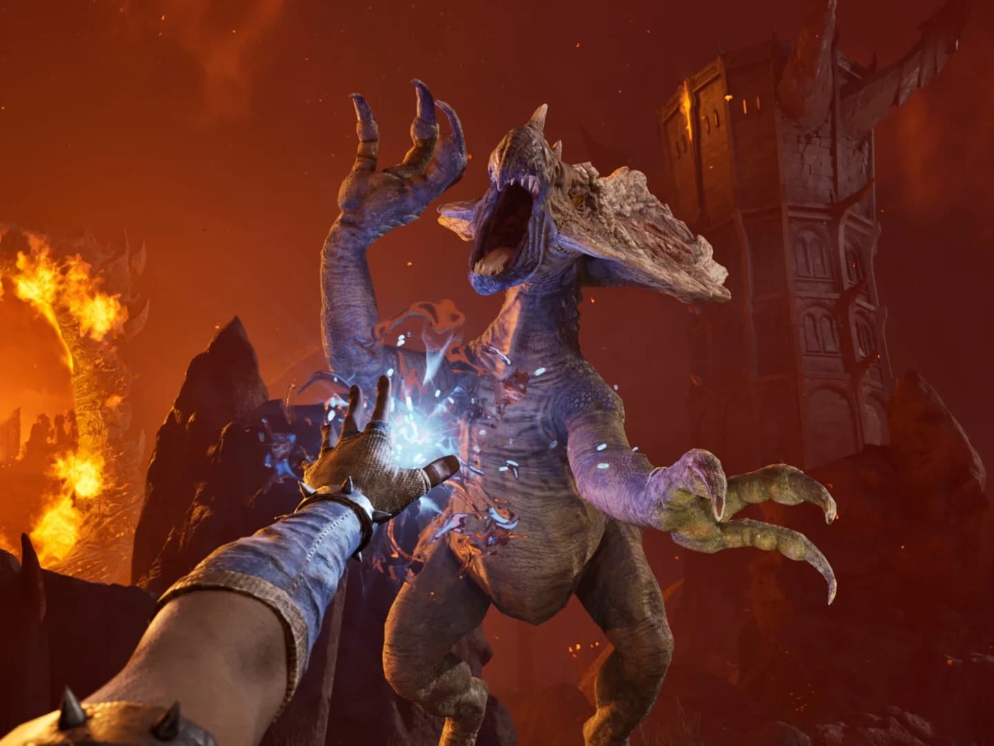 A PC gaming setup showing high-performance graphics card and monitor running an open-world fantasy role-playing game