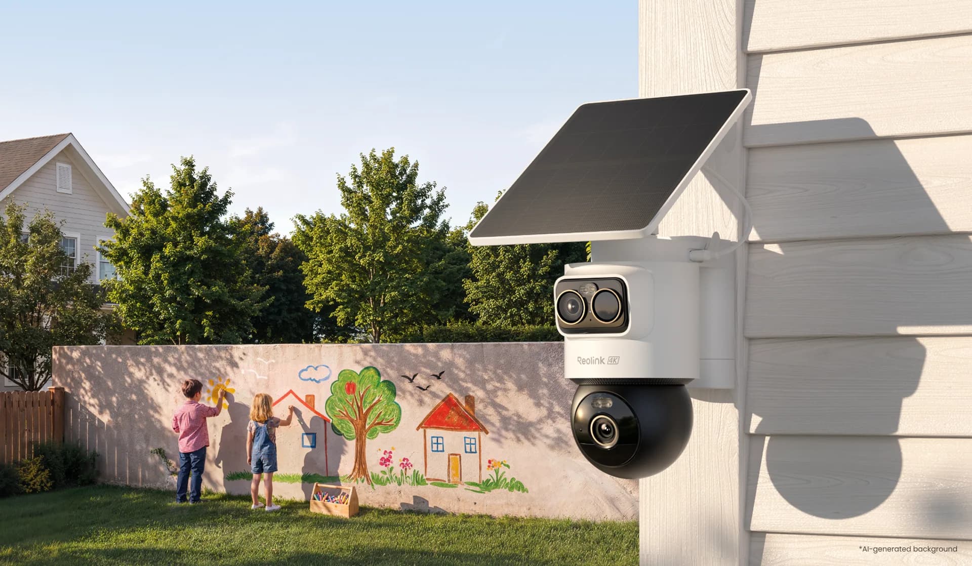 Reolink OMVI 2i Ultra wire-free security camera with dual lenses mounted outdoors alongside its solar panel accessory