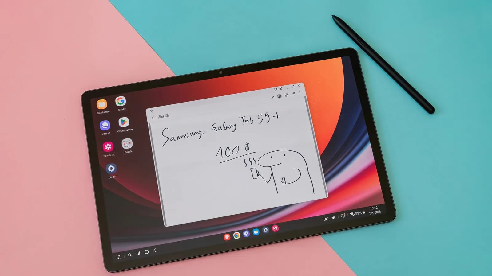 Front view of Samsung Galaxy Tab S9 tablet with display illuminated against a neutral background