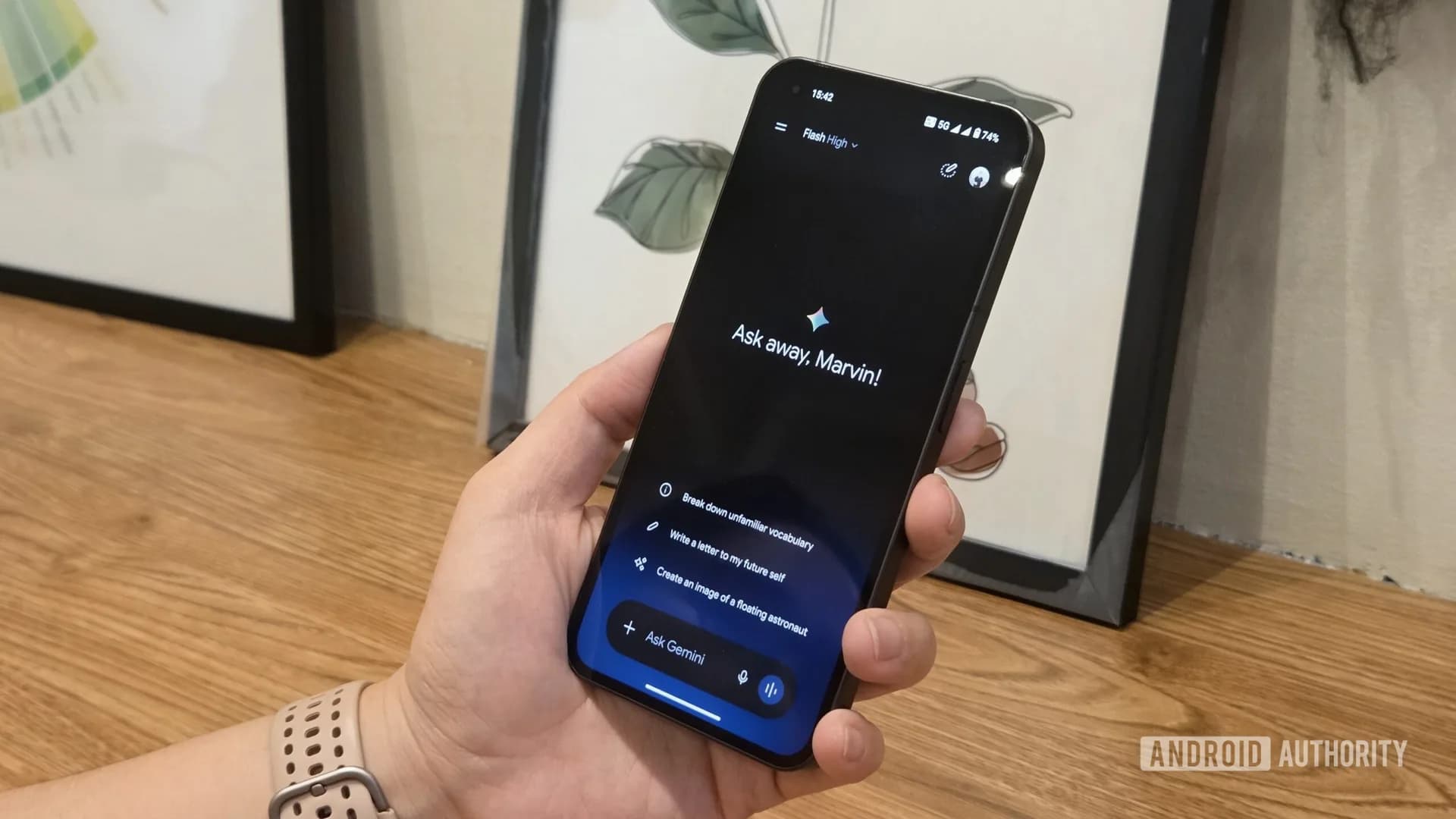 Google Gemini app icon shown on a smartphone screen next to the Google AI Plus subscription branding