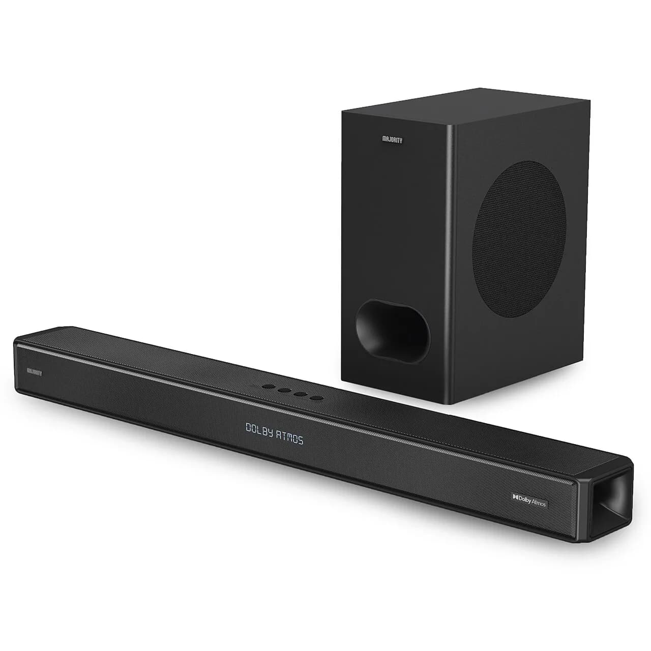 A Dolby Atmos soundbar with a wireless subwoofer