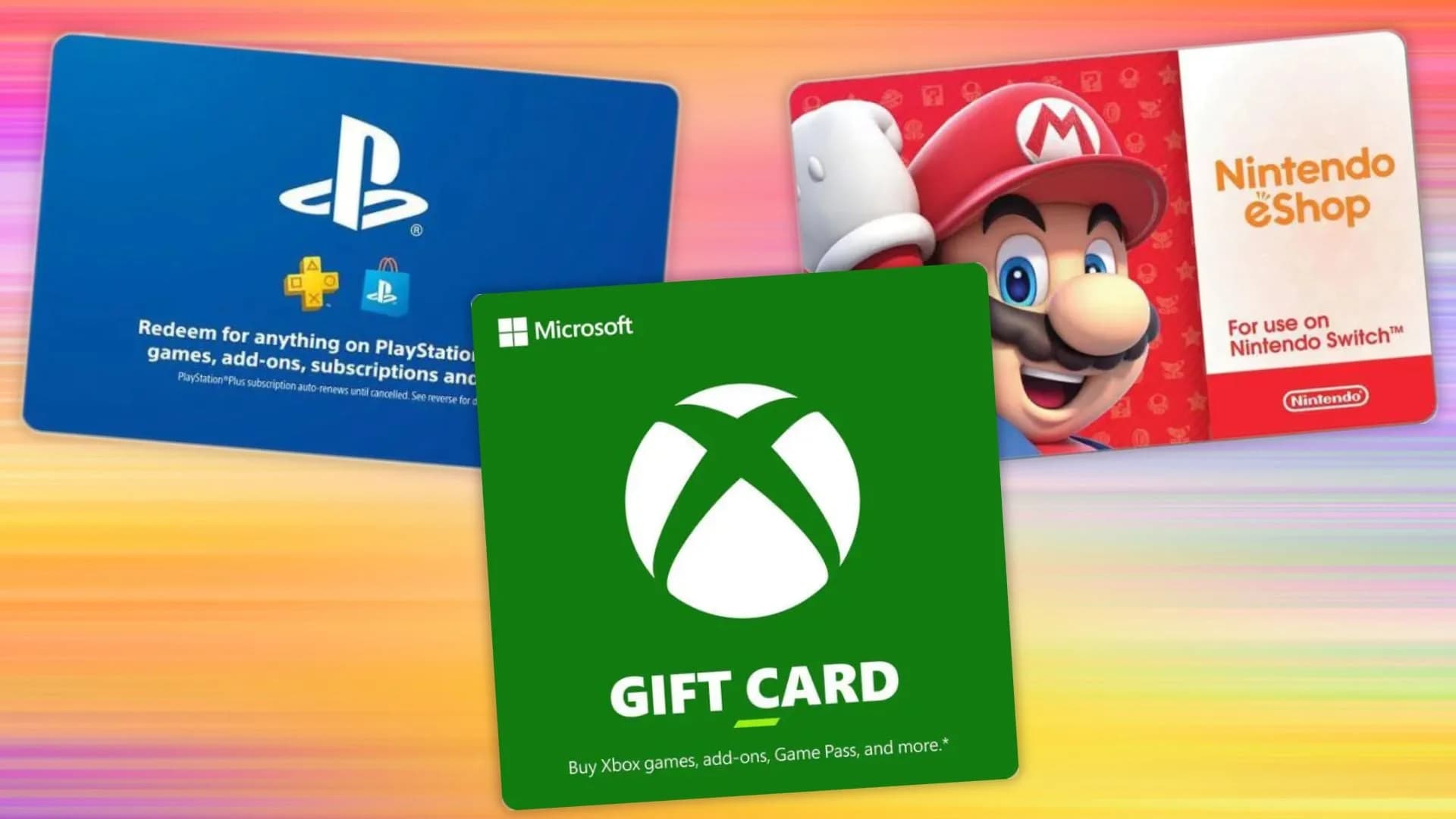 Digital storefront gift cards for PlayStation, Xbox, and Nintendo Switch displayed side by side.