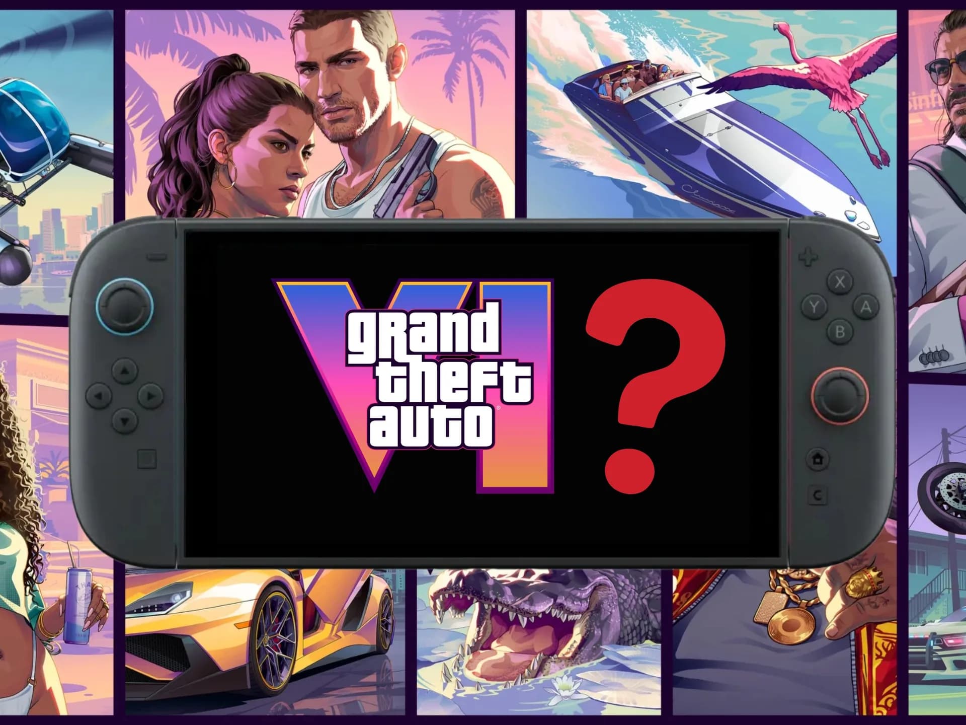 A stylized side-by-side of the Nintendo Switch 2 console and the official GTA 6 logo
