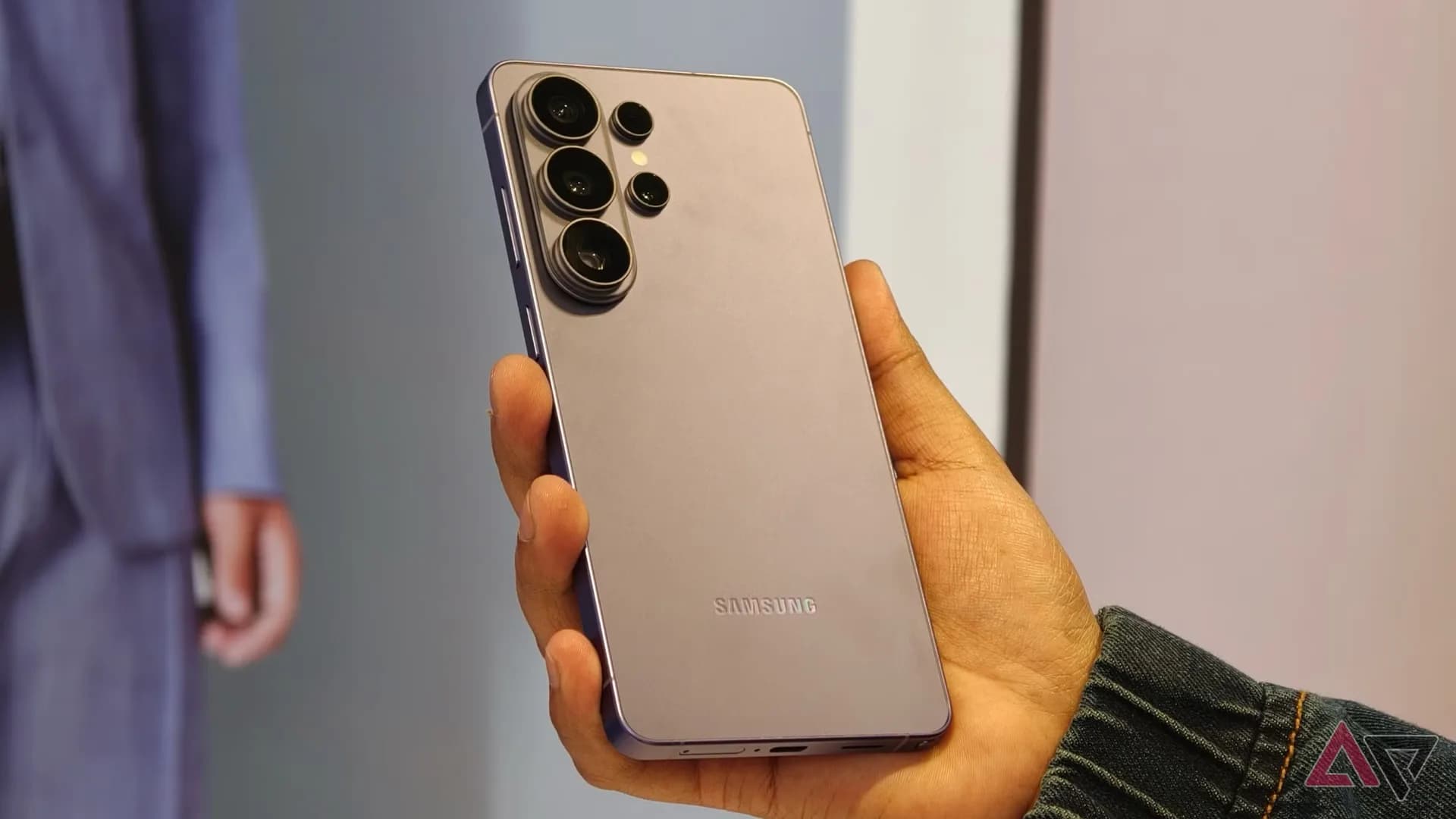 Samsung Galaxy S26 Ultra smartphone shown with its S Pen stylus against a plain background