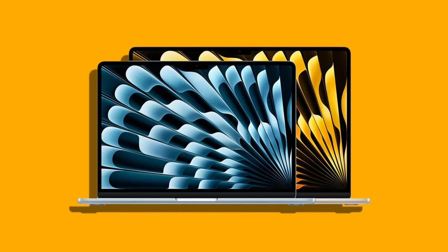 Two M5 MacBook Air laptops side by side: one 13-inch in Sky Blue, one 15-inch in Midnight, on a white surface.
