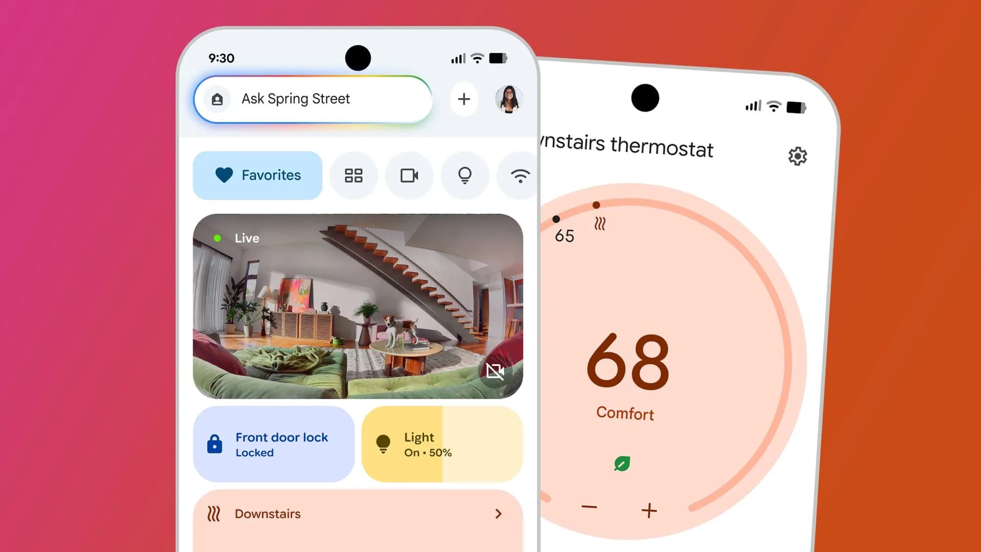 Google Home app interface shown on a smartphone screen with smart home device controls