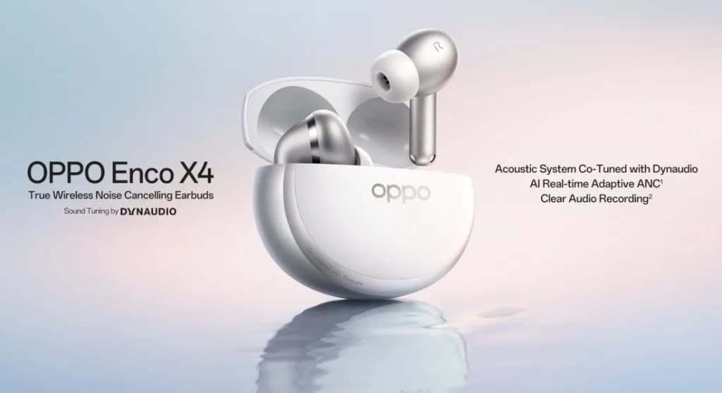 Oppo Enco X4 true wireless earbuds and charging case shown against a plain background