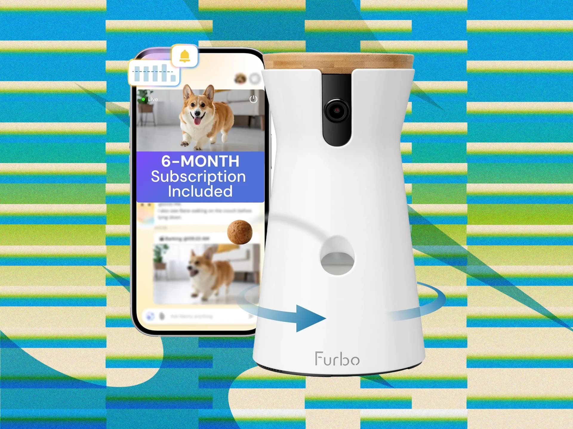 A white automatic litter box and a black pet camera sit side-by-side on a hardwood floor beside a potted plant.