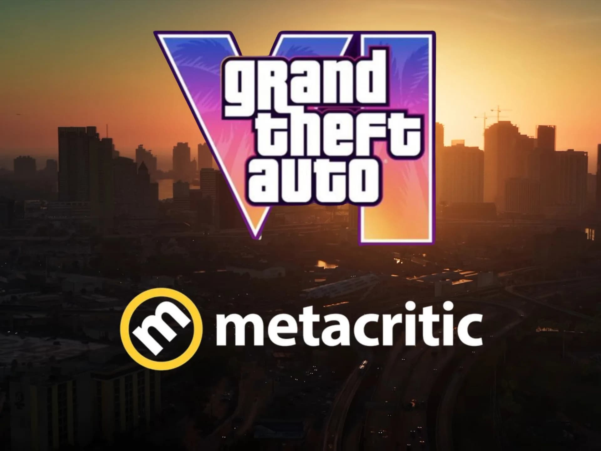 A stylized Grand Theft Auto 6 logo set against a neon sunset background representing Vice City.