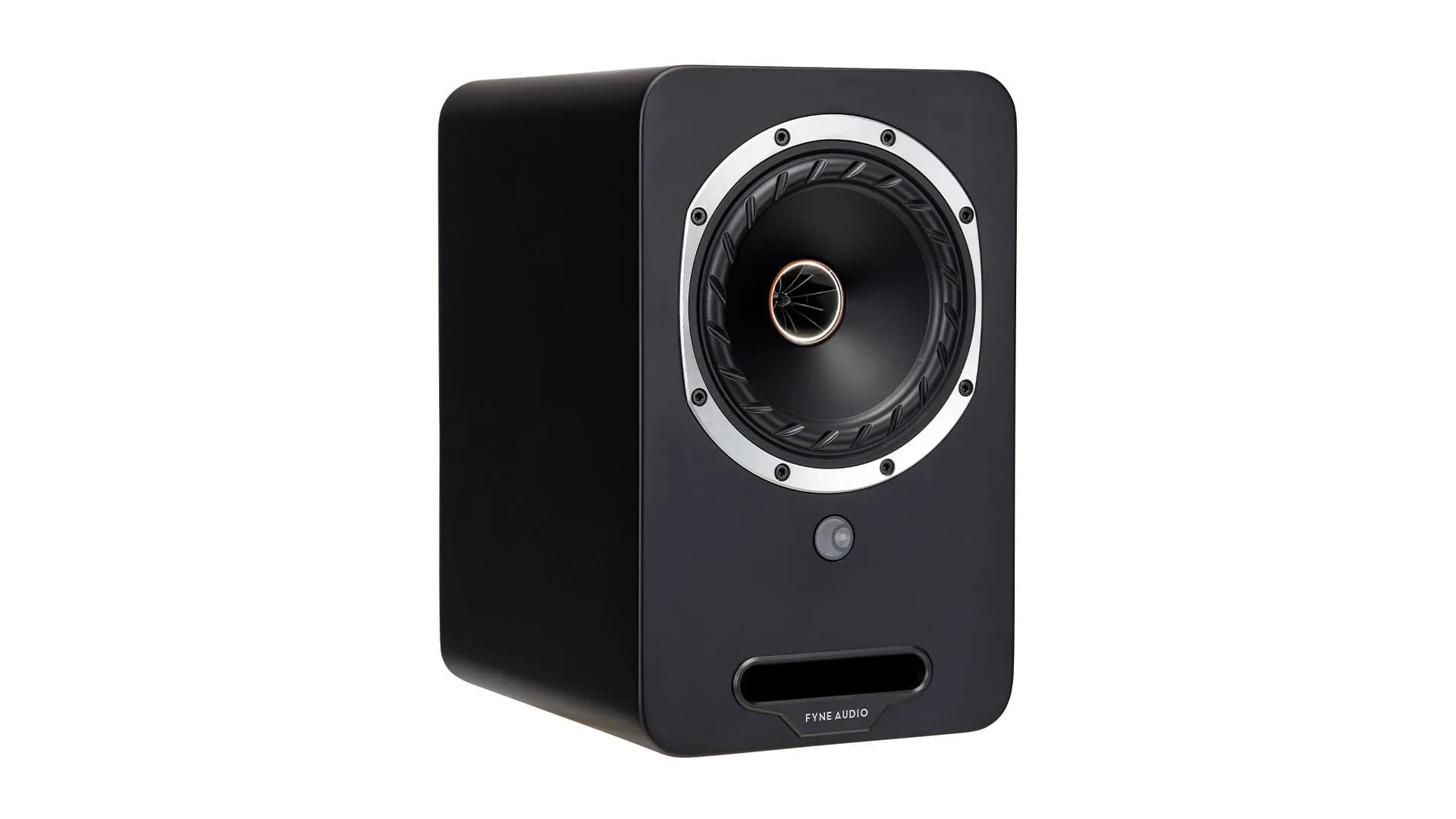Pair of modern wood-finished stereo speakers set on metal stands in a listening room