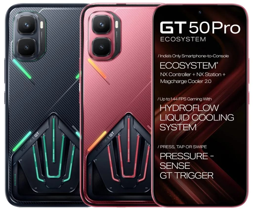 Infinix GT 50 Pro smartphone shown in its gaming-focused design with shoulder trigger buttons visible