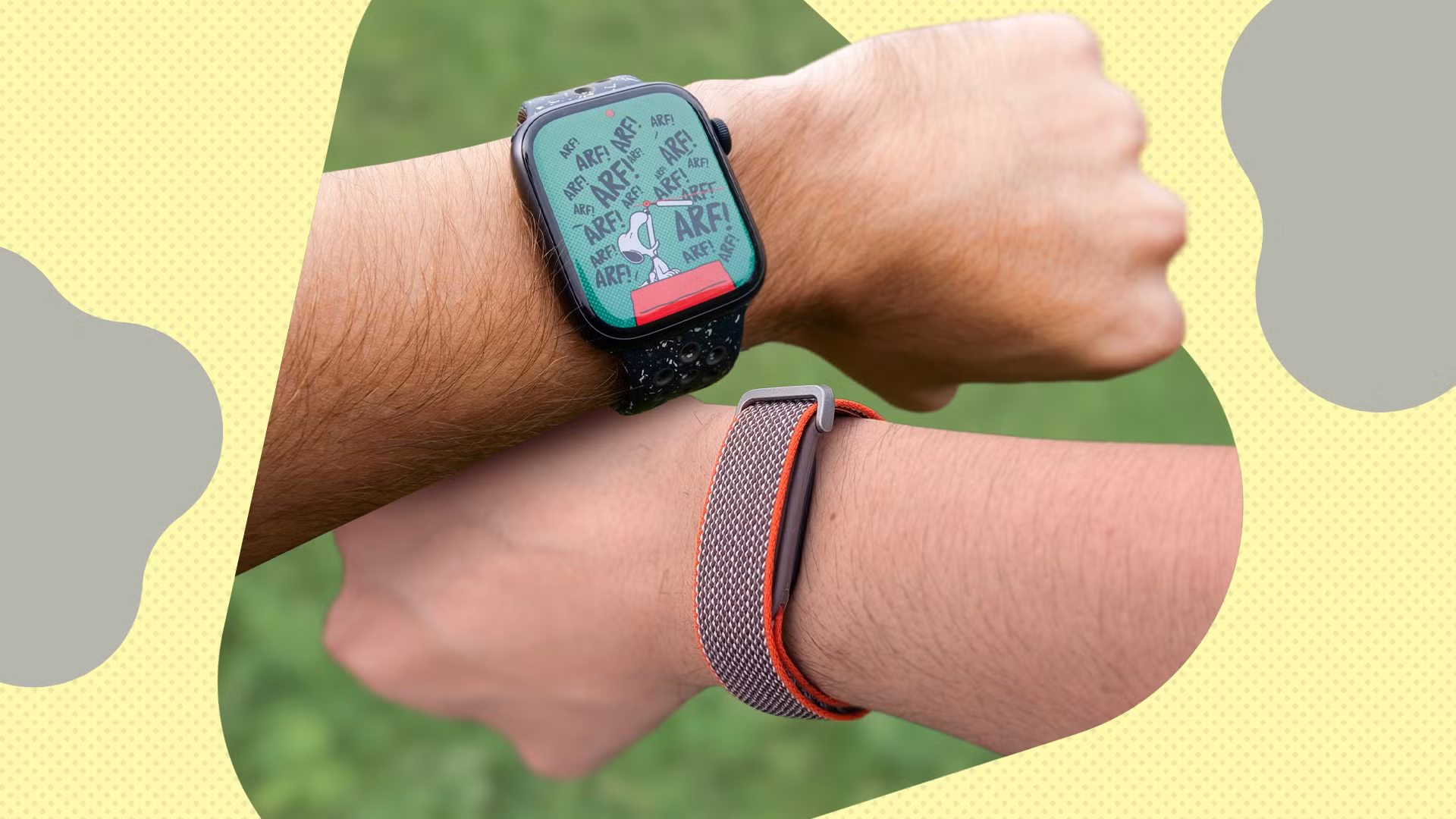 A Fitbit Air fitness tracker band shown next to an Apple Watch on a wrist