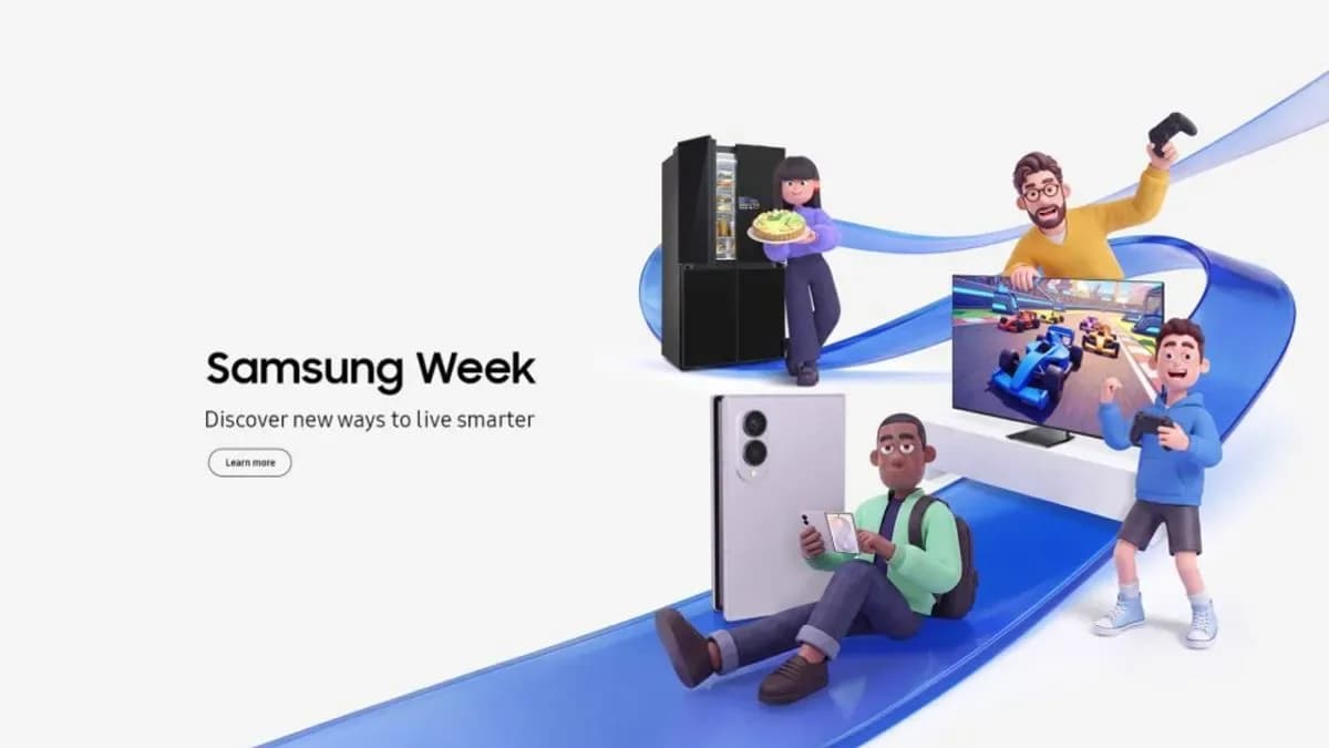 A collection of Samsung Galaxy smartphones, laptops, and smartwatches displayed against a promotional backdrop.