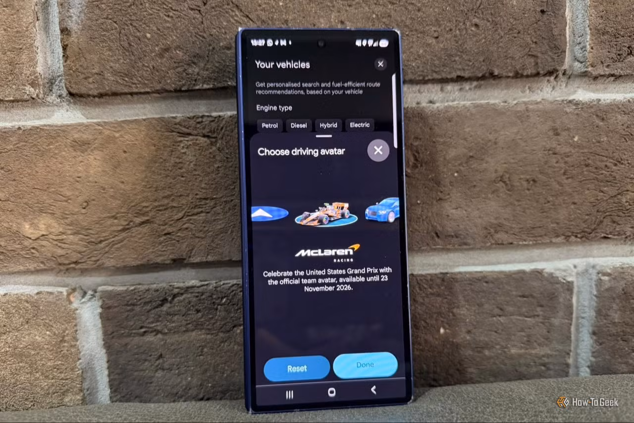 Google Maps app showing McLaren F1 car icon as navigation avatar on phone screen